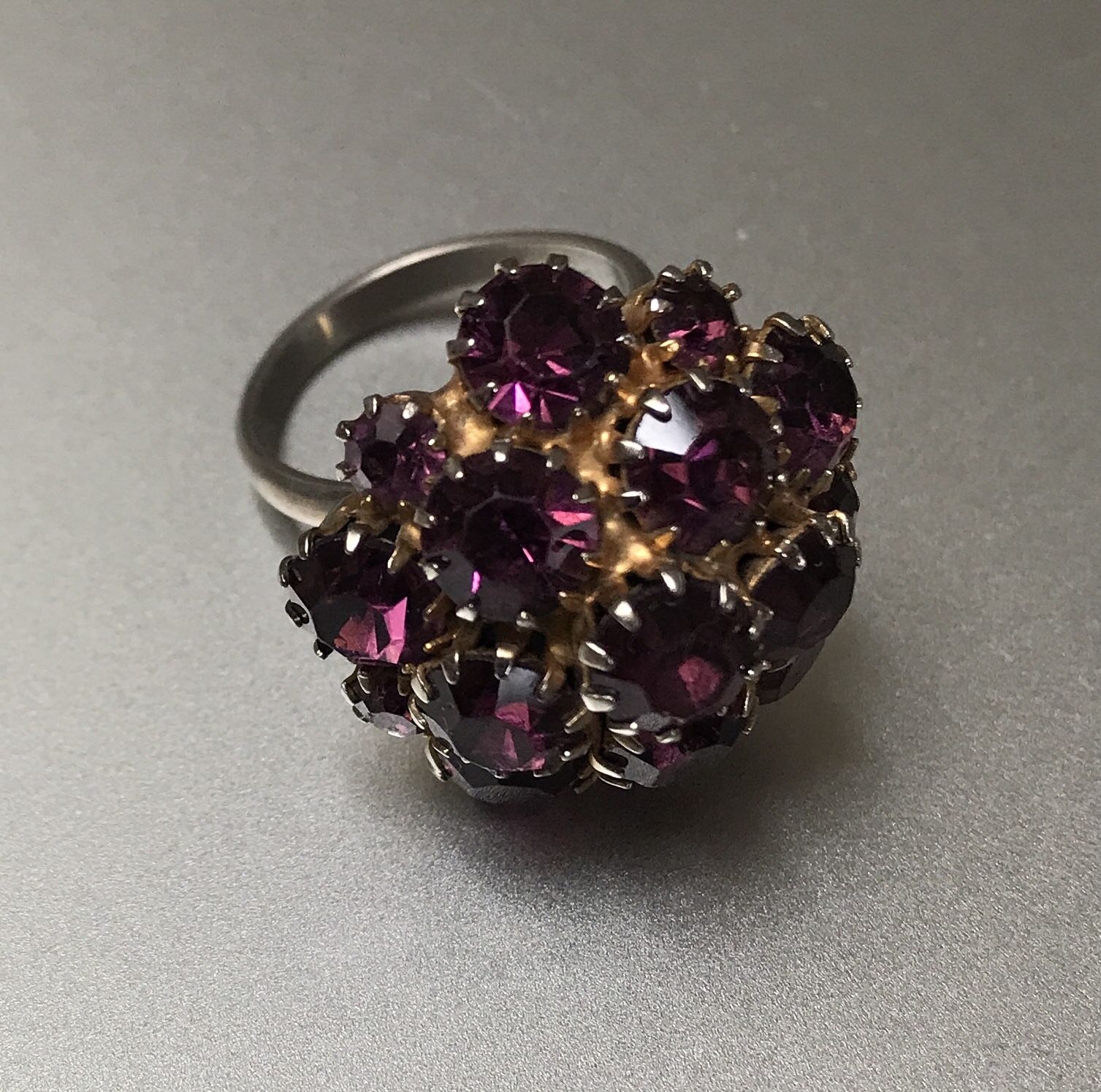 Vintage Amethyst  Purple/Pink Rhinestone Domed Adjustable Ring 