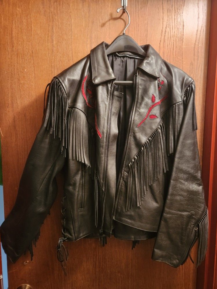 Vintage Black Leather Jacket With Red Roses And Fringes