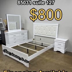 4 PCs Queen Size Bedroom Set White Wood Include Bed Frame Dresser Mirror And 1 Nightstand Brand New