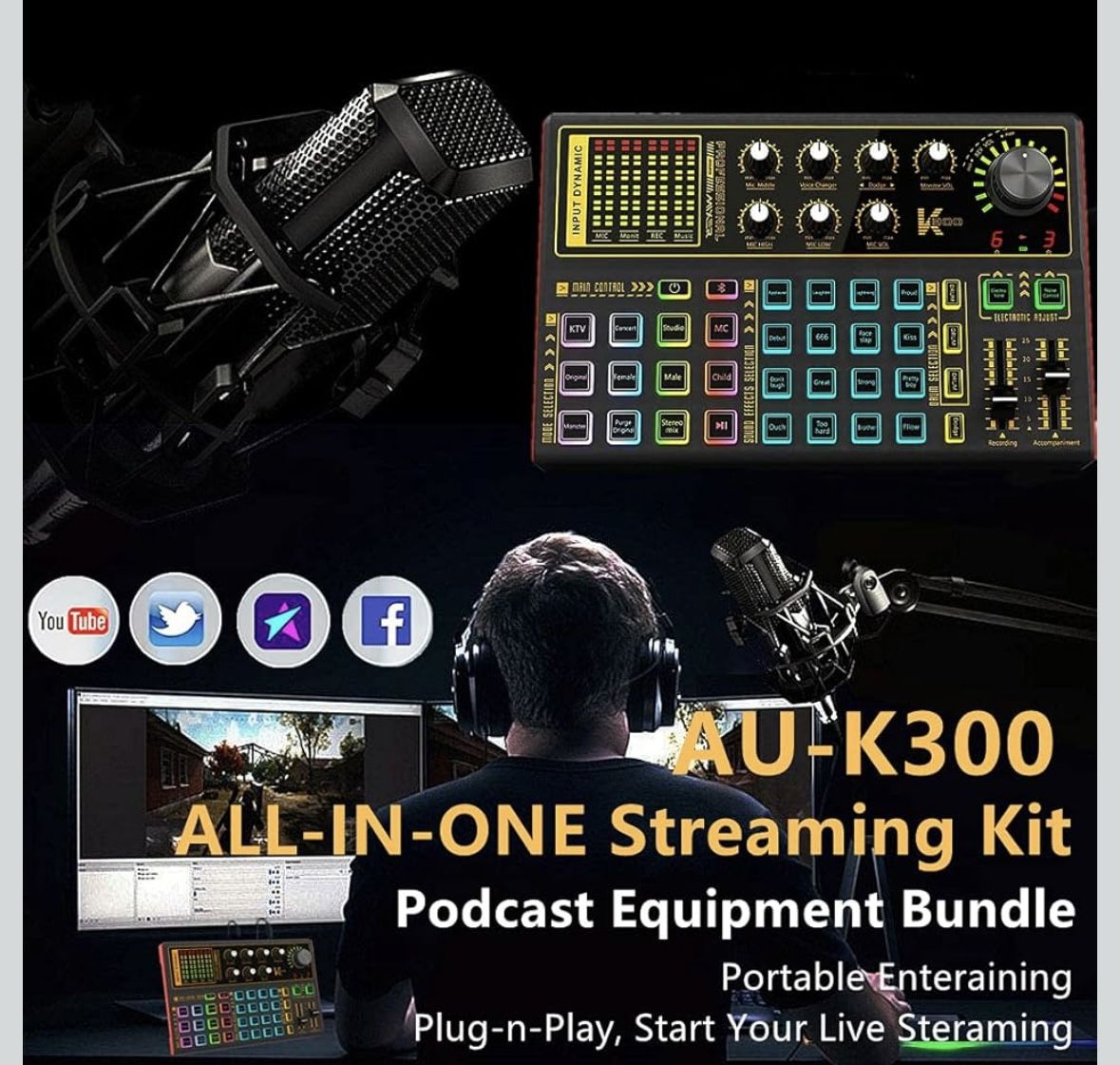 K300 Podcast Equipment Bundle, With Podcast Condenser Microphone, Voice Changer Sound Card with Multiple Sound Effects and LED Light, Prefect for Stre