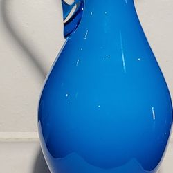 Vintage Empoli Bright Blue Cased Art Glass Tall Pitcher Ewer Vase 16" Footed w/Handle