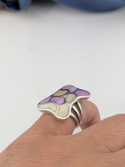 🩷💜💍Vintage Mosaic Mother Of Pearl Sterling Silver Statement Ring SIZE 5.5✅