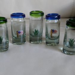 Vintage Mexican Hand Blown Art Glass, 5 Shot Glasses With Cocti And American Flag Interior Accents, Barware Accessories, Gift Idea