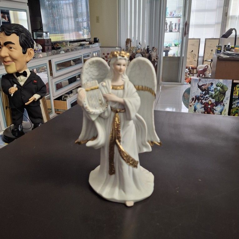 Musician Angel With Lyre Harp From The Traditions Collection- White With Vivid Gold Accents 8.75"H