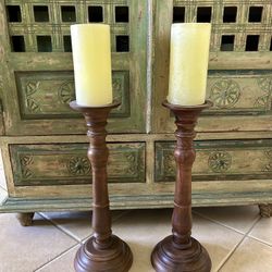 Oversized, Wooden Pottery Barn Candle Holders With Candles 