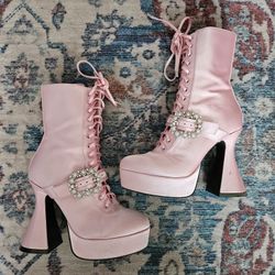 Pink High Heel Buckle Boots