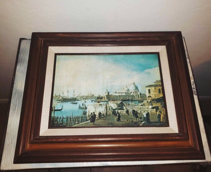 VINTAGE WOOD FRAME FRANCESCO GUARDI ENTRANCE TO THE GRAND CANAL VENICE LITHOGRAPH PAINTING PICTURE
