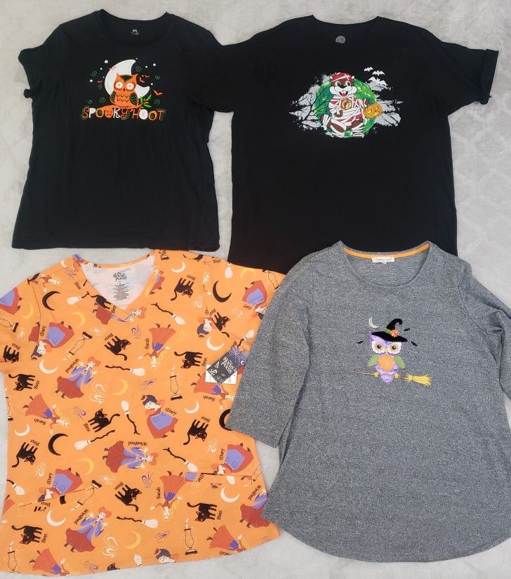 Four Halloween/Summerween Women's Shirts, Size XL! Includes NWT Disney Hocus Pocus Graphic Scrub Top! Price For All!