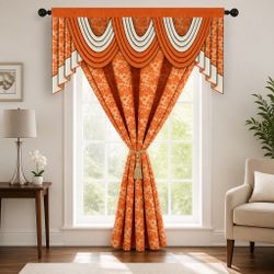 Orange Floral Curtain Set with Waterfall Valance