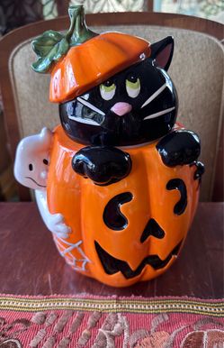Davids Cookies Jack O Lantern Cookie Jar Black Cat Ghost Halloween Pumpkin