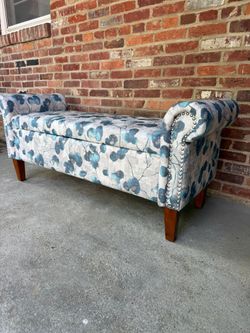 Handy Living Wallen Traditional Rolled Arm Storage Bench with Nailheads Floral Bonsai Blue