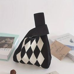 Korean‑Style Vertical Stripe Knit Handbag, Retro Black‑White Striped Wrist Bag, Minimalist Mini Tot