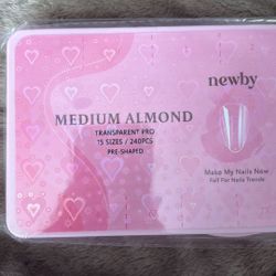 Brand New Newby Medium Almond Transparent Pro Nail Tips – 240pc Case – $25