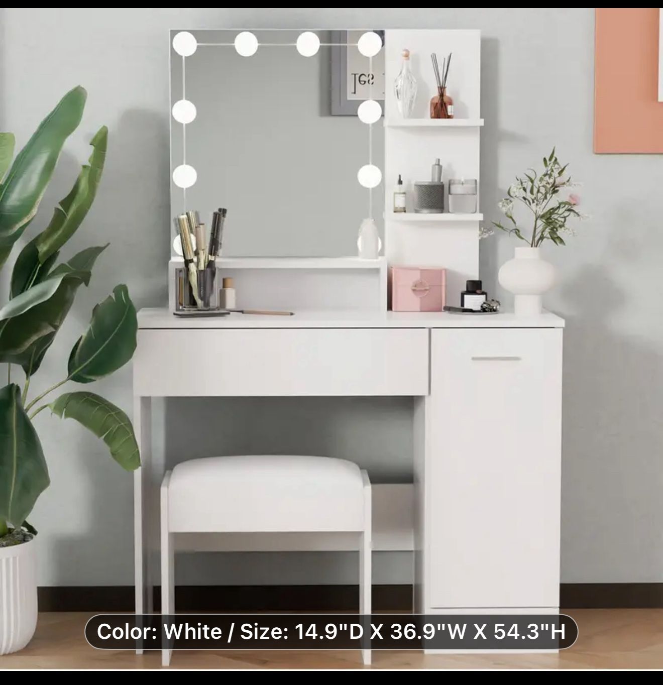 ClickClack Vanity Desk, Makeup Vanity With DIY Lights And Mirror, Makeup Desk With USB/Type-C/AC Charging, Dressing Table Set With Stool And Drawers,