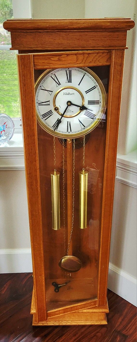 Vintage Waltham Regulator 31 Day Chime Wall Clock Solid Oak with Key