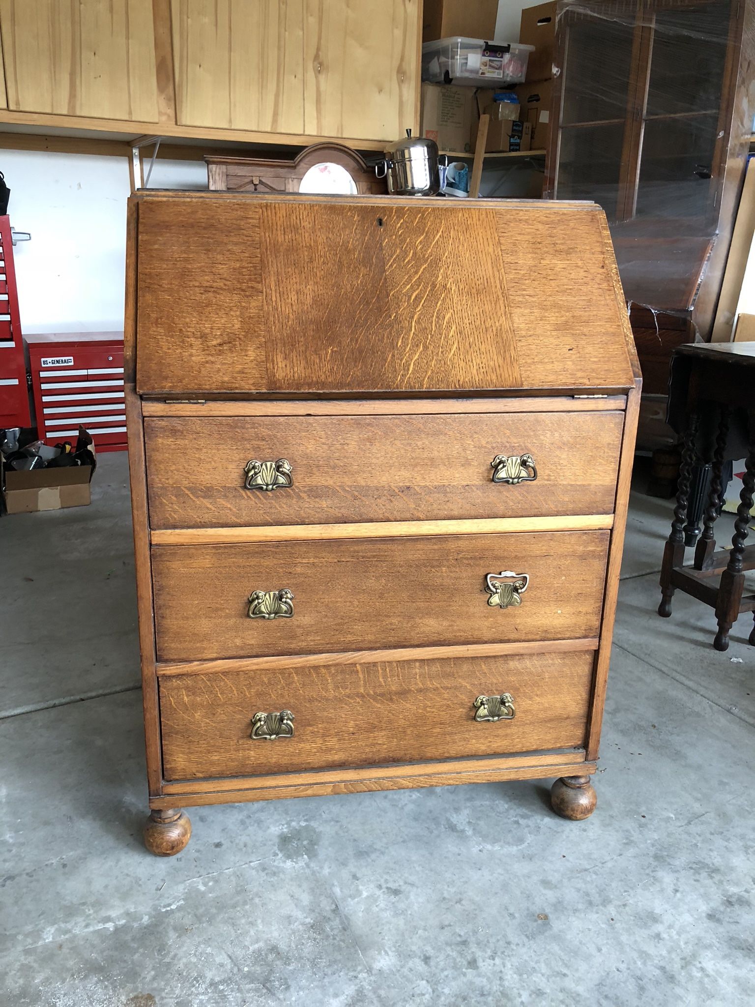 Antique English Drop-Front Secretary Desk – Solid Oak – $400 OB