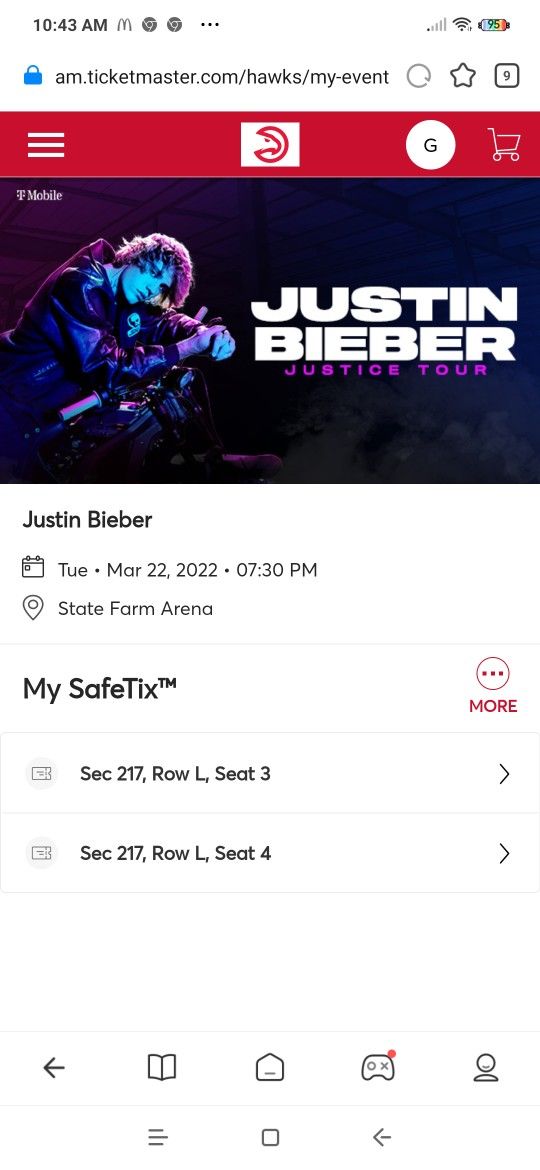 2 Tickets Justin Bieber Concert On March 22nd