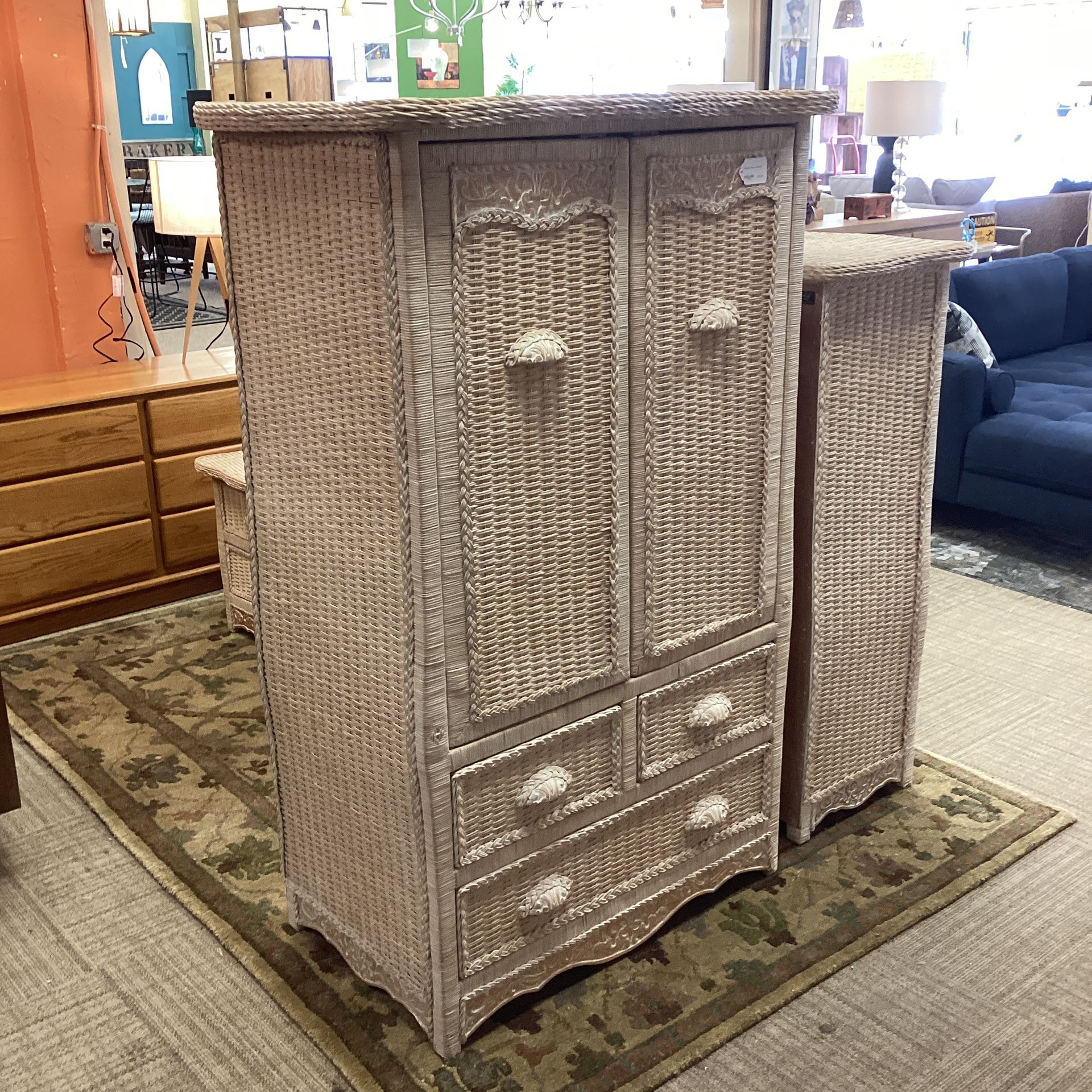 Whitewash Wicker Armoire
