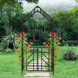 Metal Garden Arch with Gate W58.07*H97.24 Climbing Plants Support Rose Arch Outdoor Black