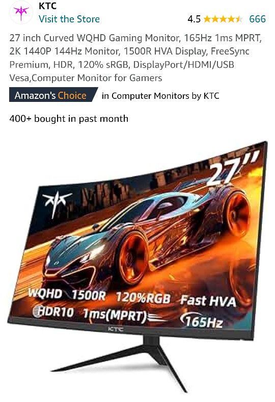 KTC Gaming Monitor 1440P 165Hz 1ms MPRT, 2K 1440P 144Hz Monitor