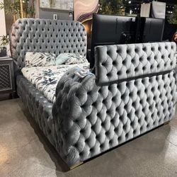 Gray velvet king bed frame with fireplace,Tv lift