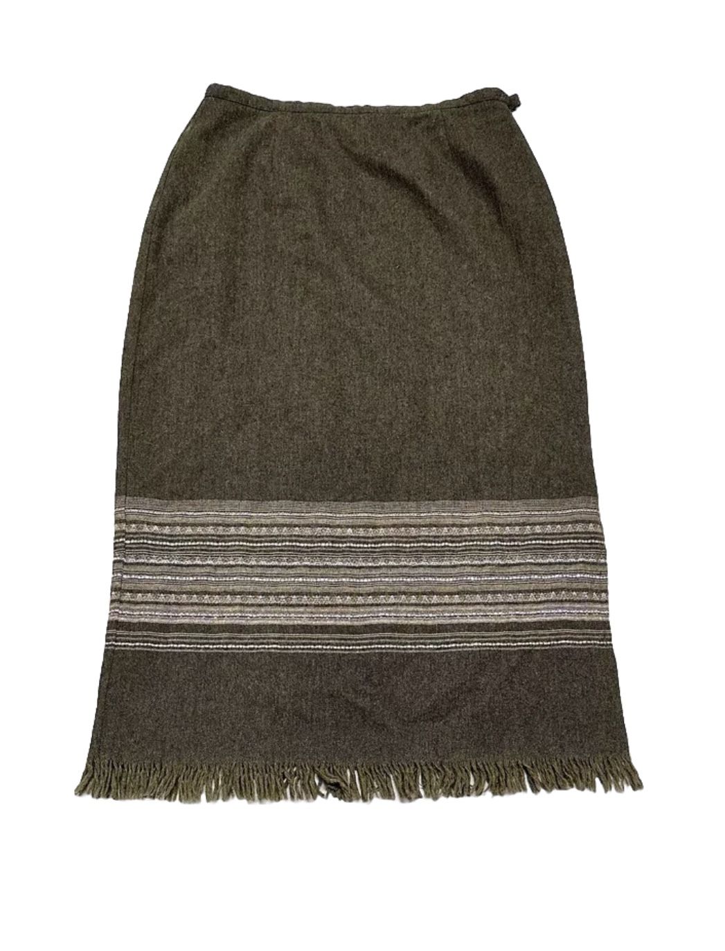 Tailor B Moss Wool Skirt Fringed Size 14 Women’s Midi Brown Green Slit Side
