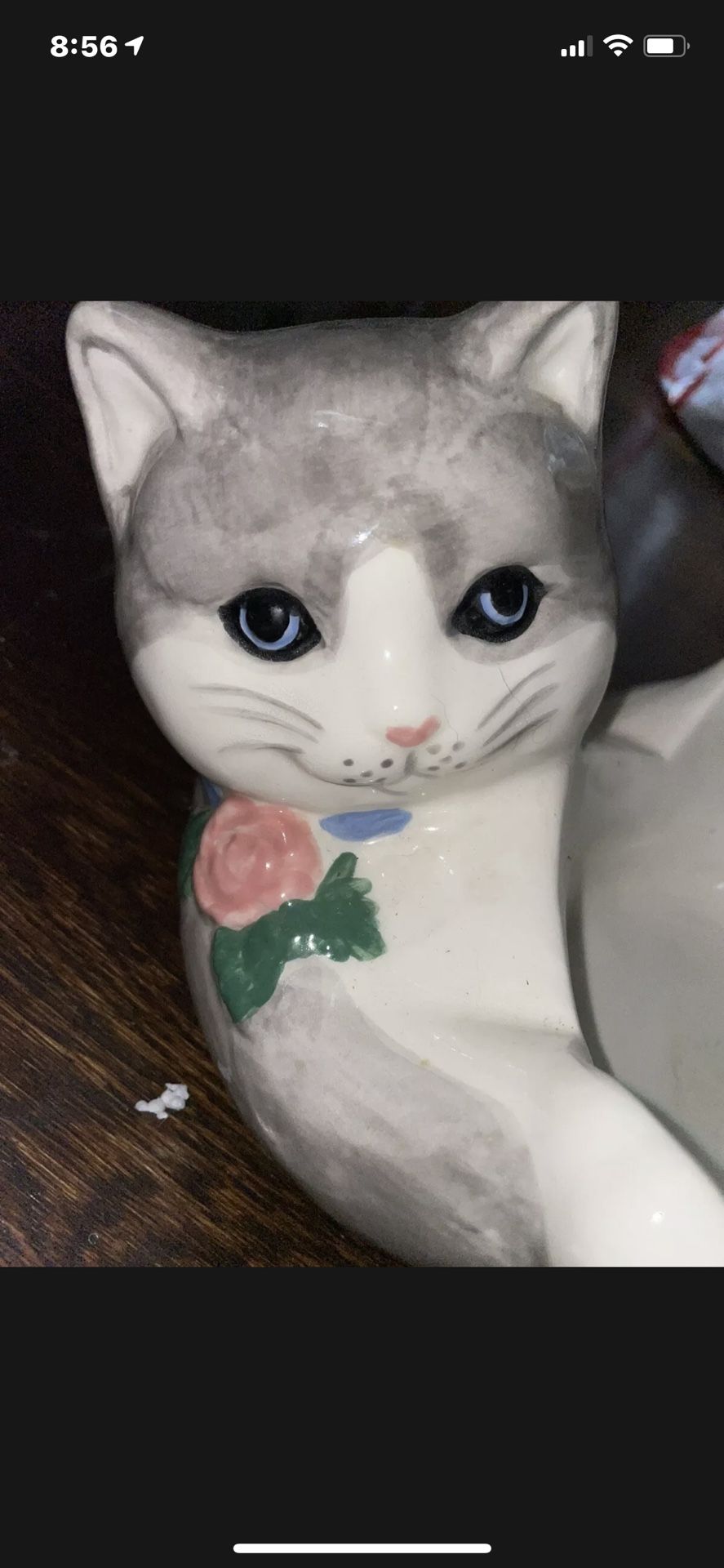 unique Rare Hand painted gray and white ceramic cat bowl holder Adorable Kitty
