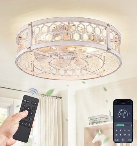 Lediary 20in Caged Ceiling Fan Distressed White With Lights N Remote 6speed Reverse Timer Open Box Like New