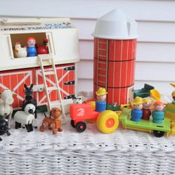 Vintage Fisher Price (Circa 60's/70's) Farm and Construction Set - Barnyard Animals, Tractor, Dump Truck, Silo, Figures and Accessories