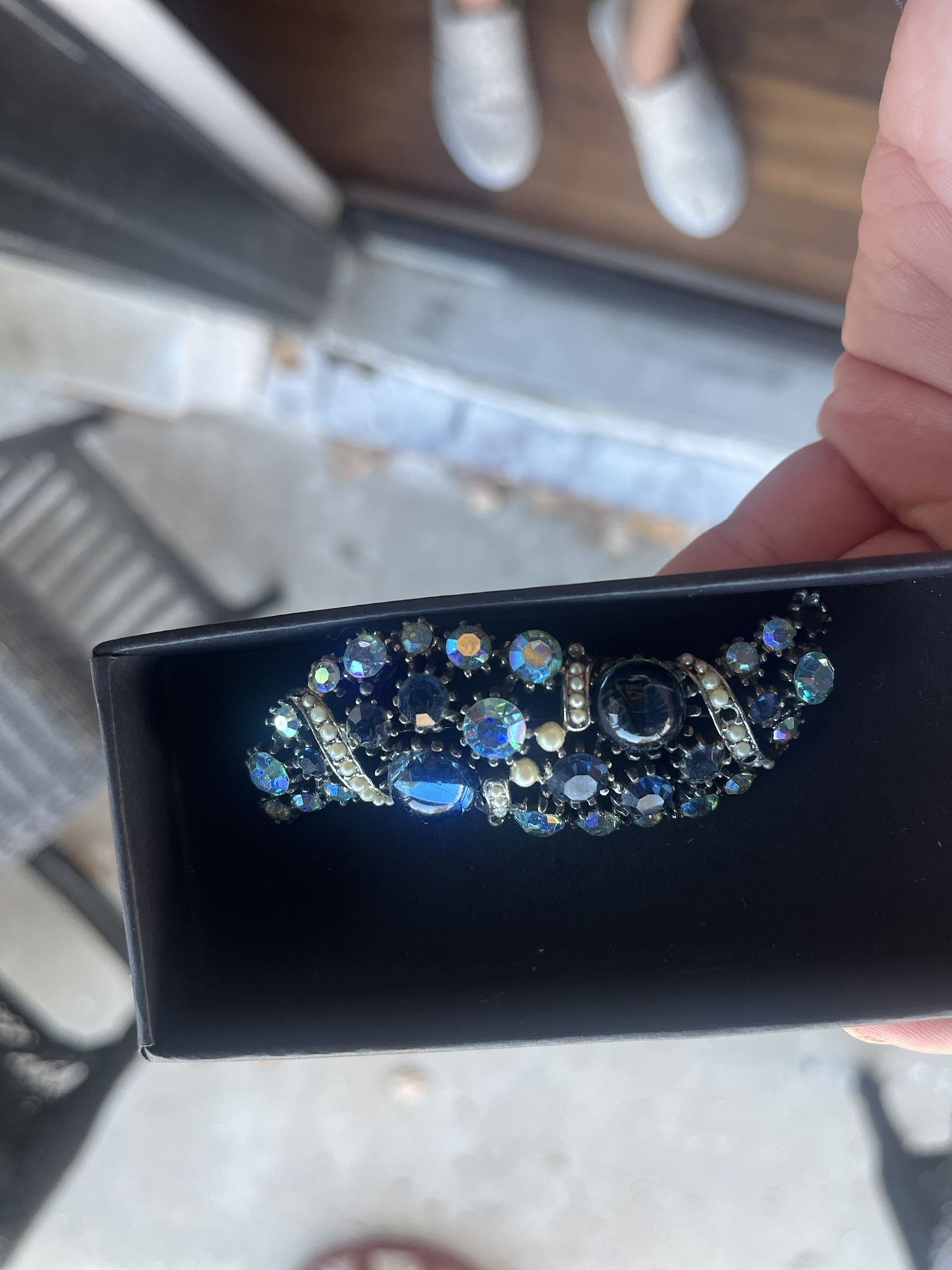 Vintage MCM Blue & AB Rhinestone Brooch Pin 