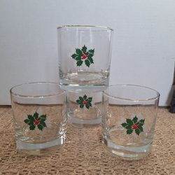 Christmas Holly Vintage Double Old Fashioned Glasses-  Set Of 4