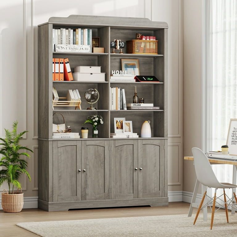 73'' Double Wide 6-Tier 4 Doors Bookcase,8 Cubes Wood Display Bookshelves with Adjustable Shelves for Home Office, Gray