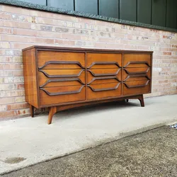 Mid Century Modern Walnut Sculpted Pull 9 Drawer Lowboy Dresser with Mirror Vintage