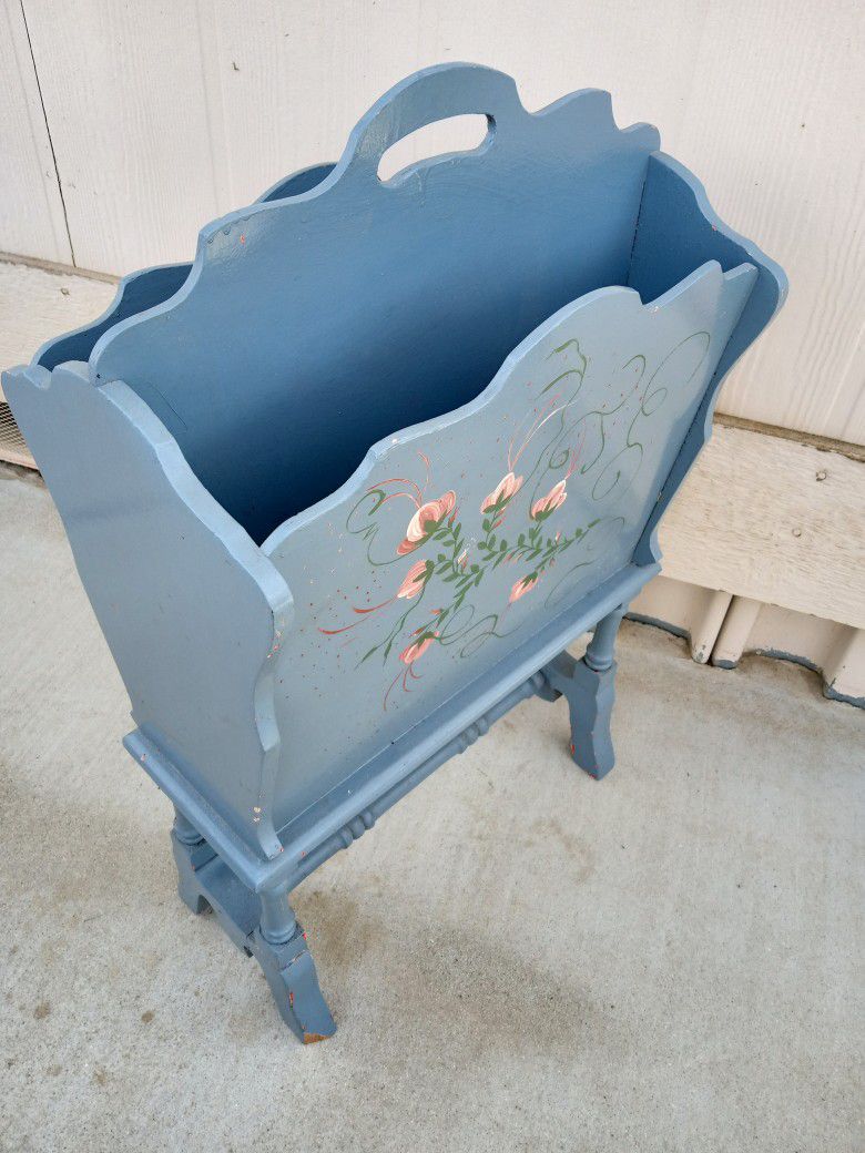 vintage Mahogany Hand Crafted/Painted Floral Magazine Rack 