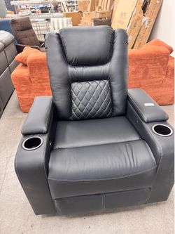 36.22” wide contemporary faux leather power recliner home theatre individual seat with dual cup holders and arm storage and usb