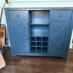 Navy Wood Top Bar Cabinet Buffet with Wine Rack & X Doors