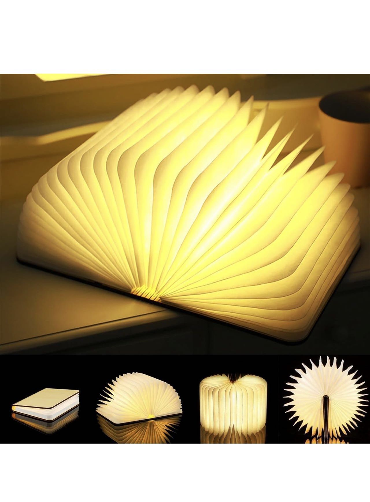 Book Lamp Folding Mood Light, Novelty LED Night Light Book-Shaped Light, USB Rechargeable Wooden Bedside Table Lamp Decor Light, Birthday Gift