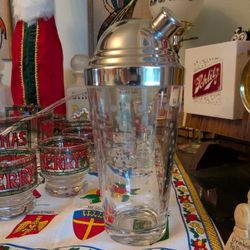 Mid Century Modern 1960s Vintage Libbeys Etched Glass Polka Dot Cocktail Shaker Barware