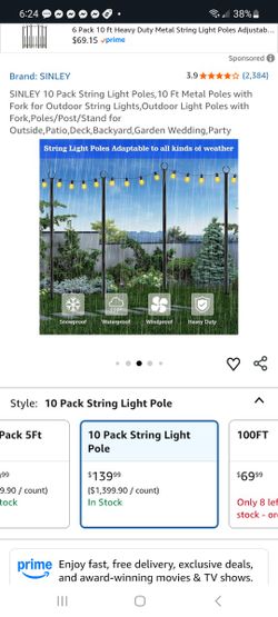 10 Pack String Light Poles,10 Ft Metal Poles with Fork for Outdoor String Lights $80