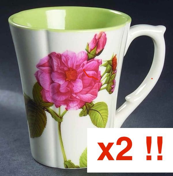 Set of 2 Gorham Rose Serenade Coffee Mug Light Ivory 12oz Pink Fuchsia Flower