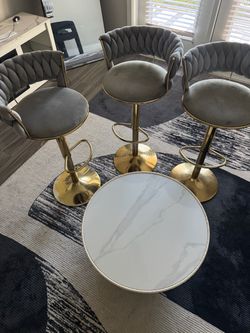 Luxury 4-Piece Gray Velvet & Gold Bar Stool + Marble Table Set