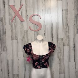 XS Black Floral Corset Crop Top Puff Sleeve Hook-Front NWT
