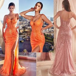 New With Tags Orange Sequin & Glitter Corset Bodice Long Formal Dress & Prom Dress $270