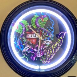 Ed Hardy Wall Clock - Neon Light Love Kills Slowly Dragon Skull 14.5" - New AC Power Cord