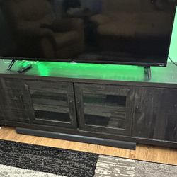 TV Stand – Dark Wood, 64.5” Wide, 4 Doors (2 Glass), Great Storage