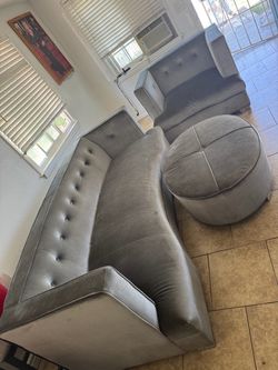 Gray Velvet Sectional Sofa with Ottoman