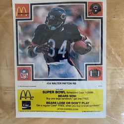 1985 Walter Payton  Chicago Bears McDonalds "YELLOW" Game Scratch  Off  #34 .. NICE