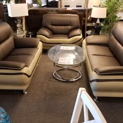 Brand New Brown/Gray Bonded Leather Modern Sofa + Loveseat + Chair 3PCs Set