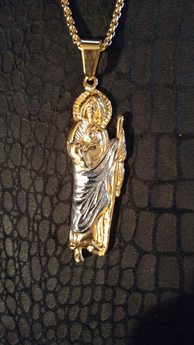 60cm Stainless Steel St. Jude Thaddeus Pray For Us Religious Charm Pendant with 2mm Box Chain Necklace