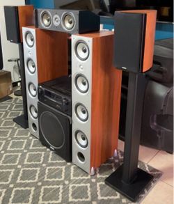 POLK AUDIO SYSTEM +DENON RECEIVER 2-MONITOR 70, 1-subwoofer MODEL:PSW125 BLACK,1center channel 2-surround +stand